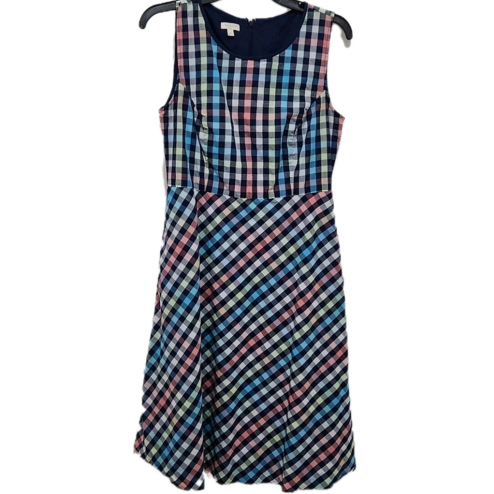 Talbots Women's 6 Navy Pastel Plaid A-line Sleeveless Dress Pockets Cottagecore